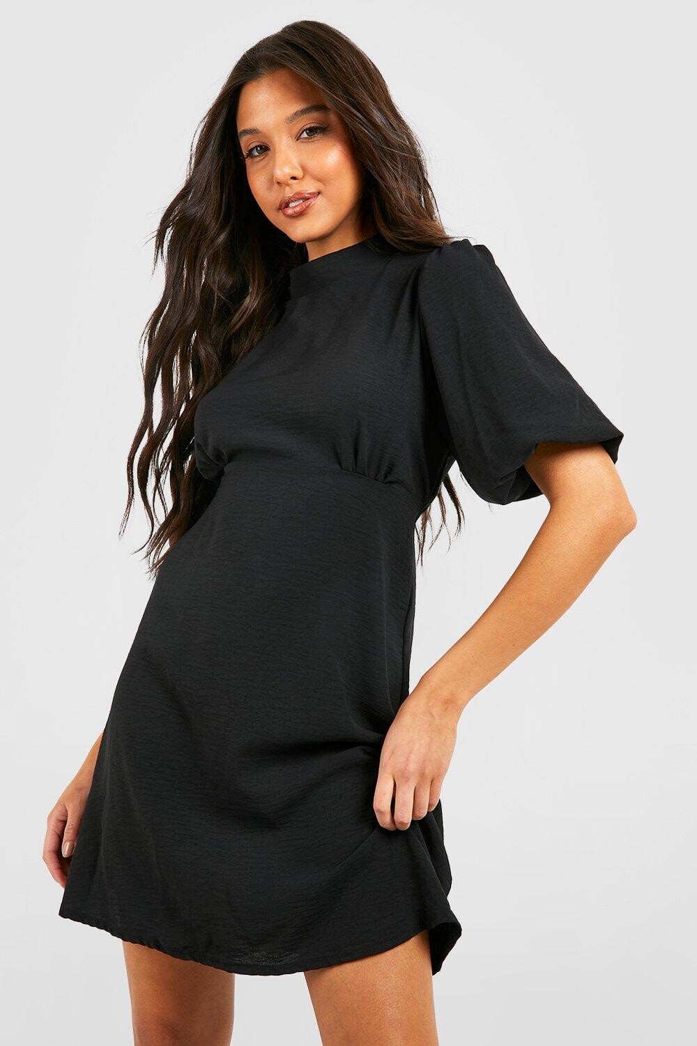 

Тканое платье с пуховыми рукавами и высоким воротом Boohoo, черный