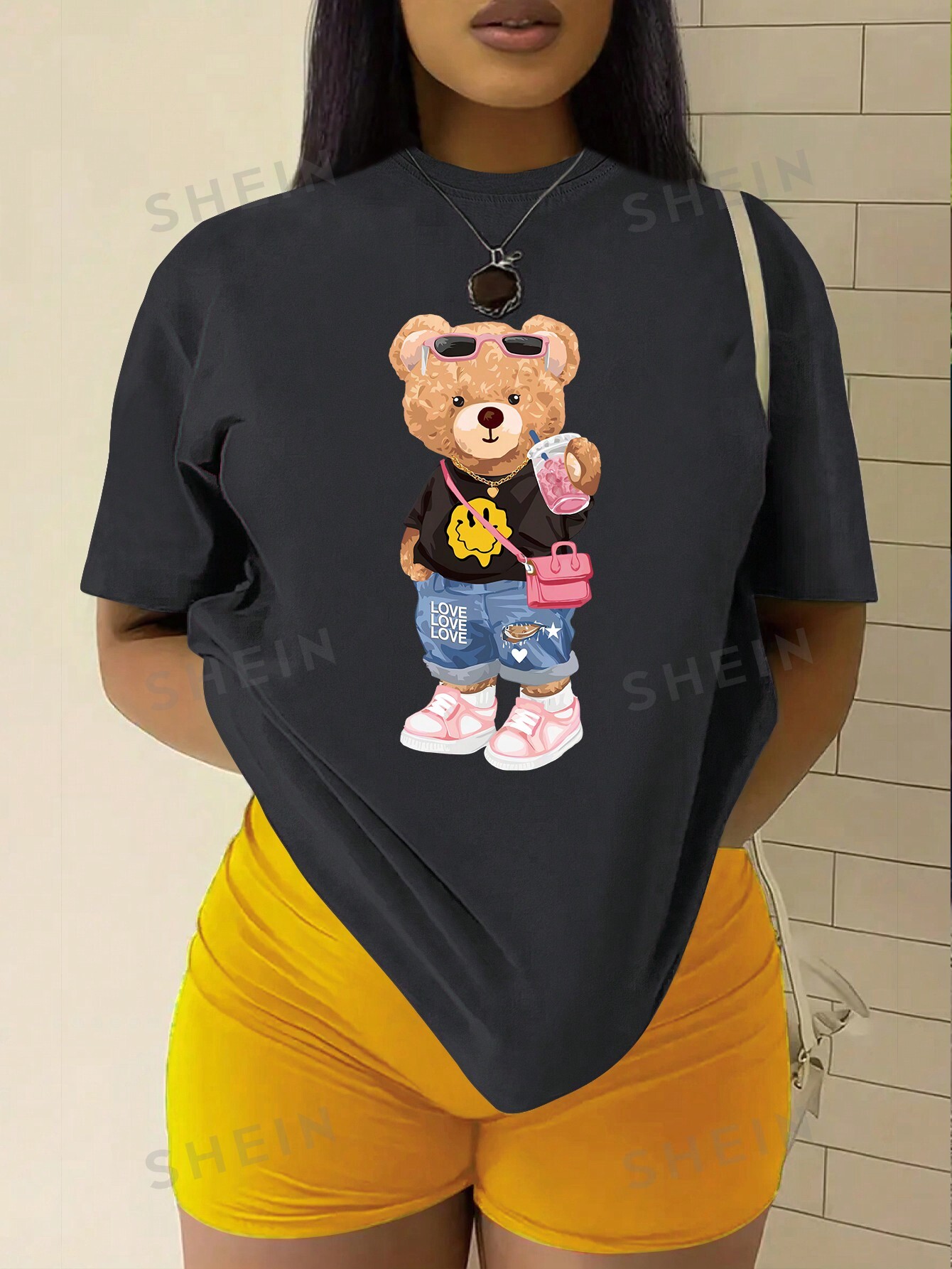 Футболка SHEIN Slayr с принтом Тедди и мультяшным рисунком, темно-серый shein футболка с короткими рукавами и принтом slayr апельсин