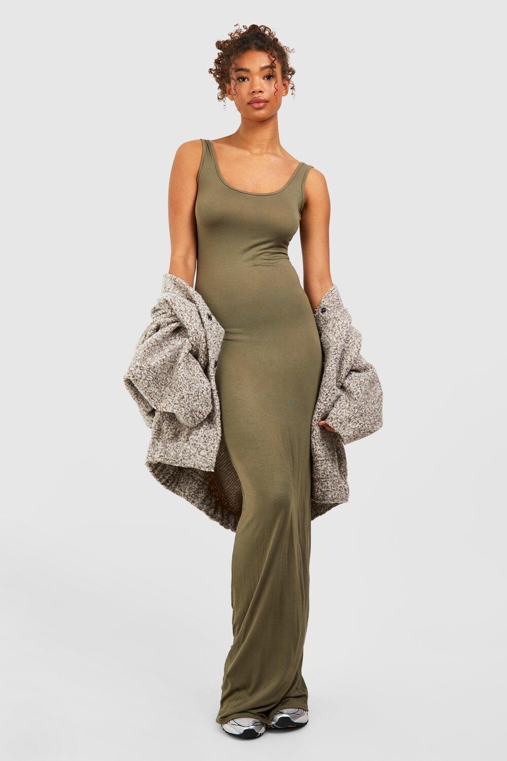 

Высокое базовое платье макси boohoo, хаки