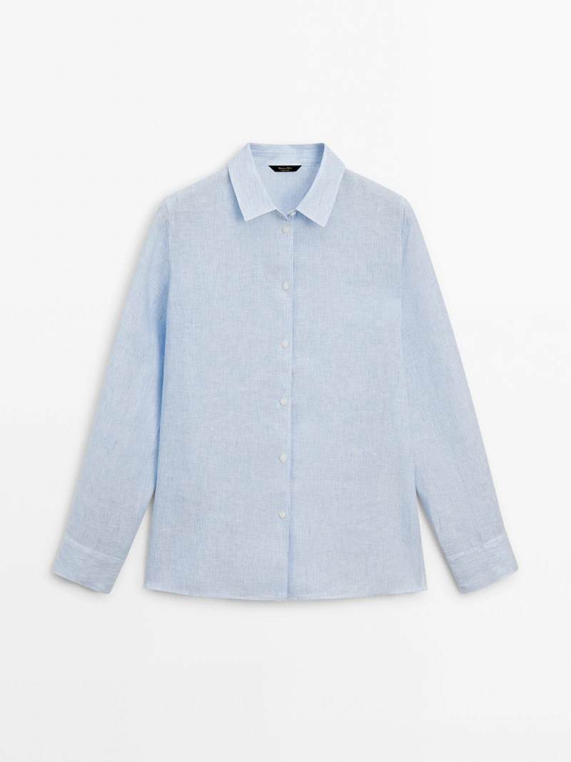 рубашка в полоску из 100% льна Massimo Dutti, синий