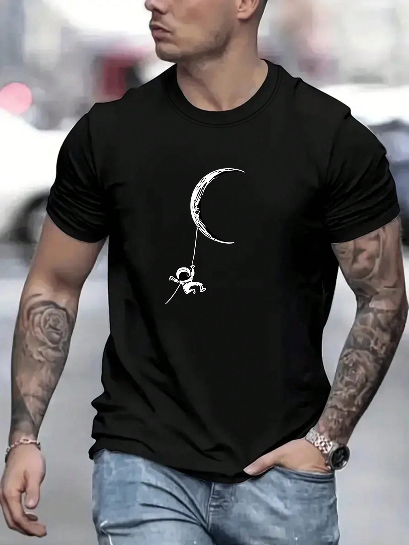 Мужская футболка с короткими рукавами и принтом «Астронавт и луна», черный