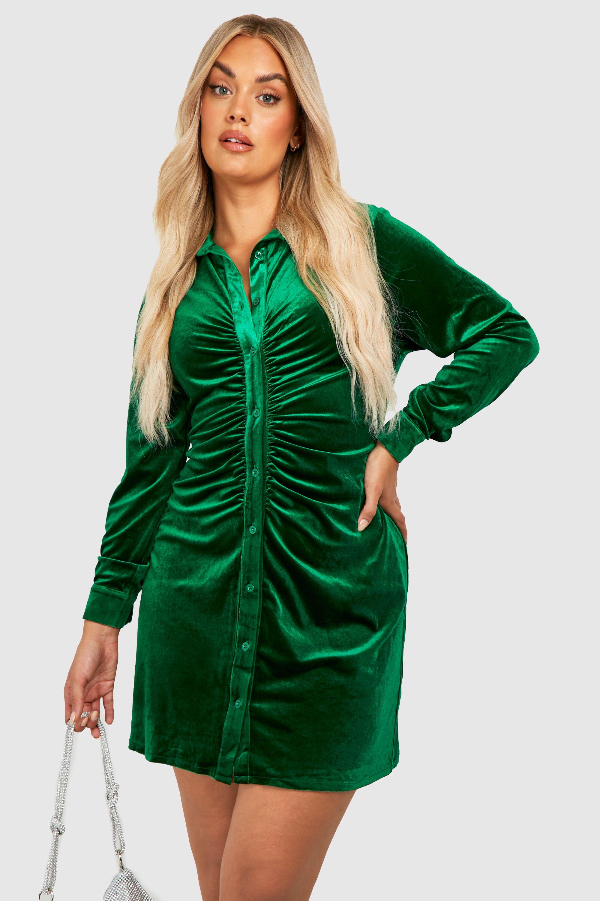 Бархатное платье-рубашка Plus со сборками boohoo, зеленый
