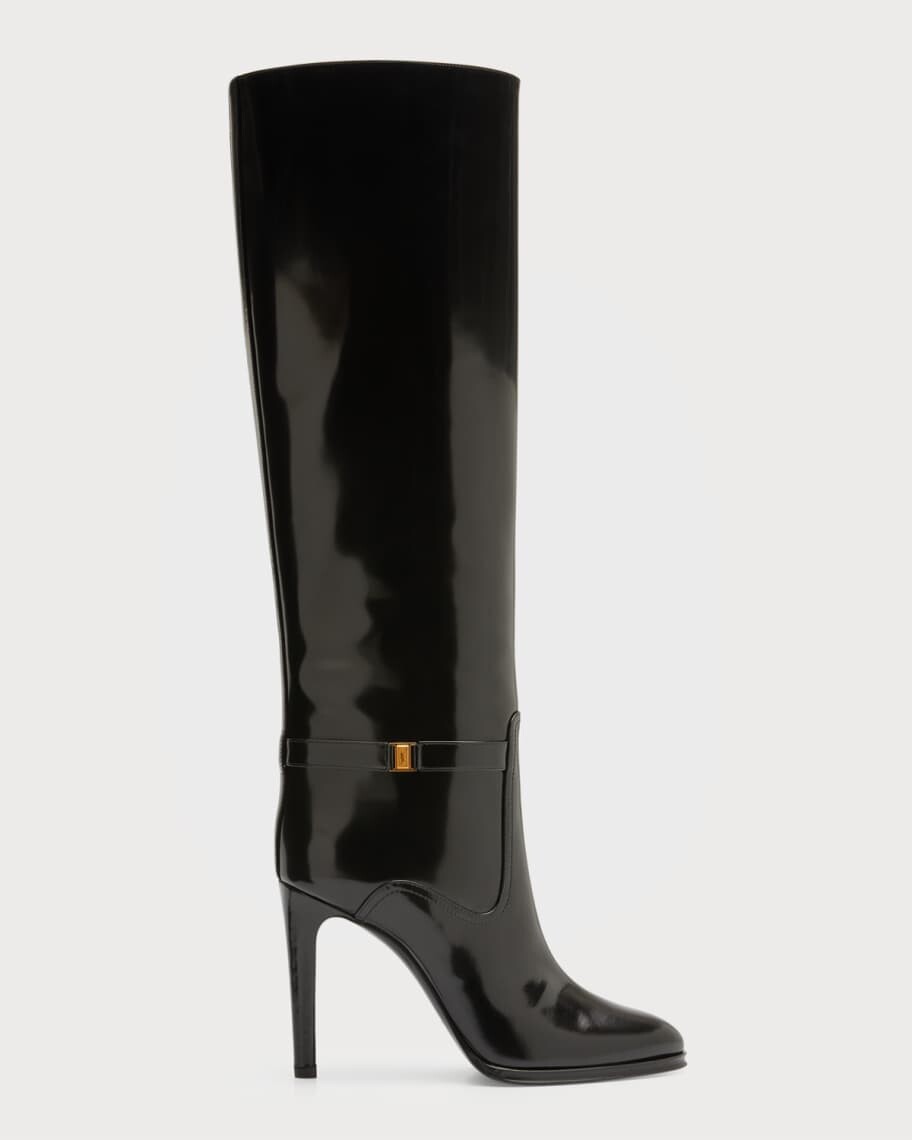 

Лакированные сапоги до колена Linda с пряжкой Saint Laurent