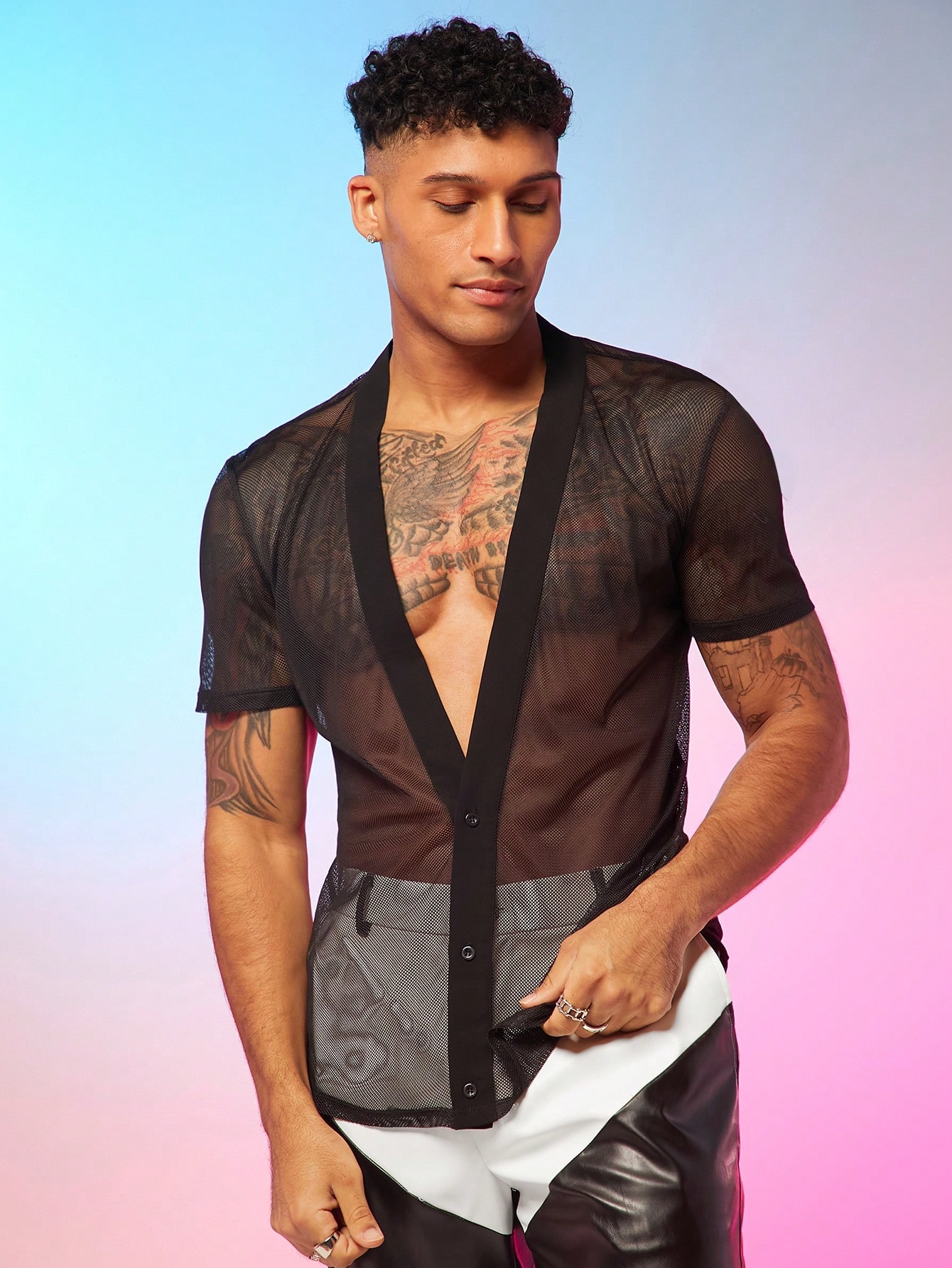 Мужская повседневная рубашка из сетчатого материала FeverCity с короткими рукавами, черный мужская повседневная гавайская рубашка винтажная гавайская пляжная крутая повседневная рубашка оверсайз с короткими рукавами и забавным