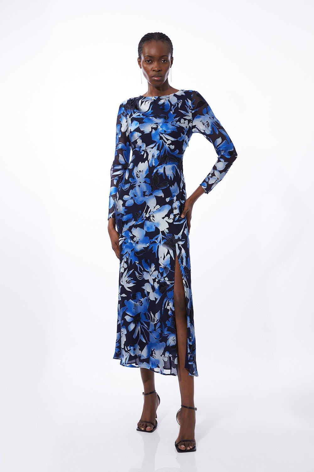 Атласное тканое платье макси Devore с цветочным принтом Karen Millen, темно-синий цена и фото