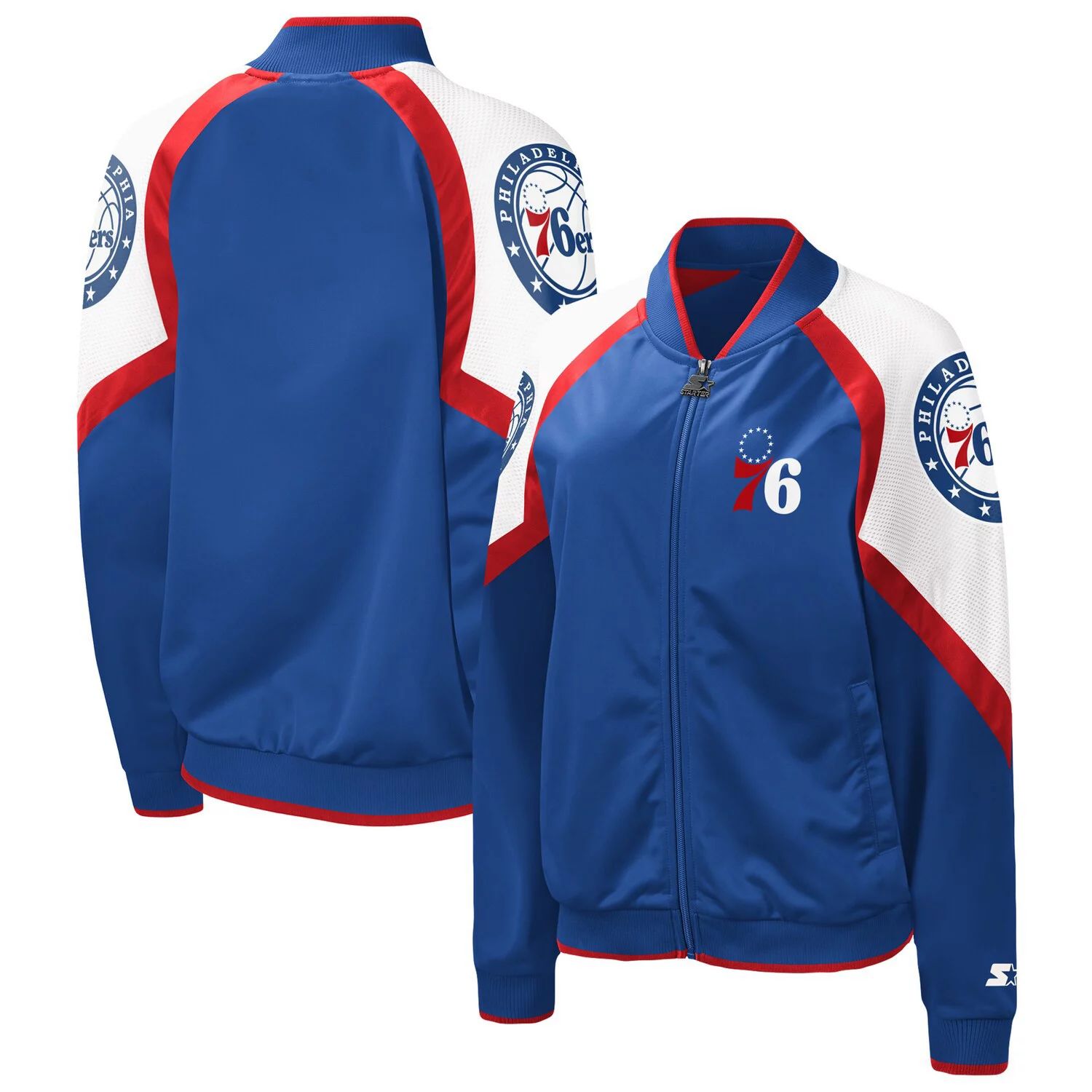цена Женская стартовая атласная куртка реглан с молнией во всю длину, королевский/красный Philadelphia 76ers Fan Girl Starter