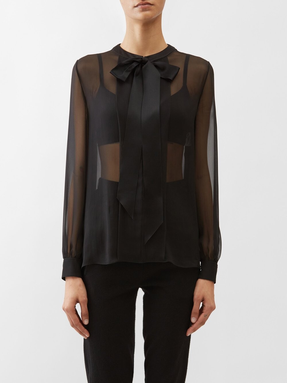 

Шифоновая блузка с атласным бантом Saint Laurent, черный