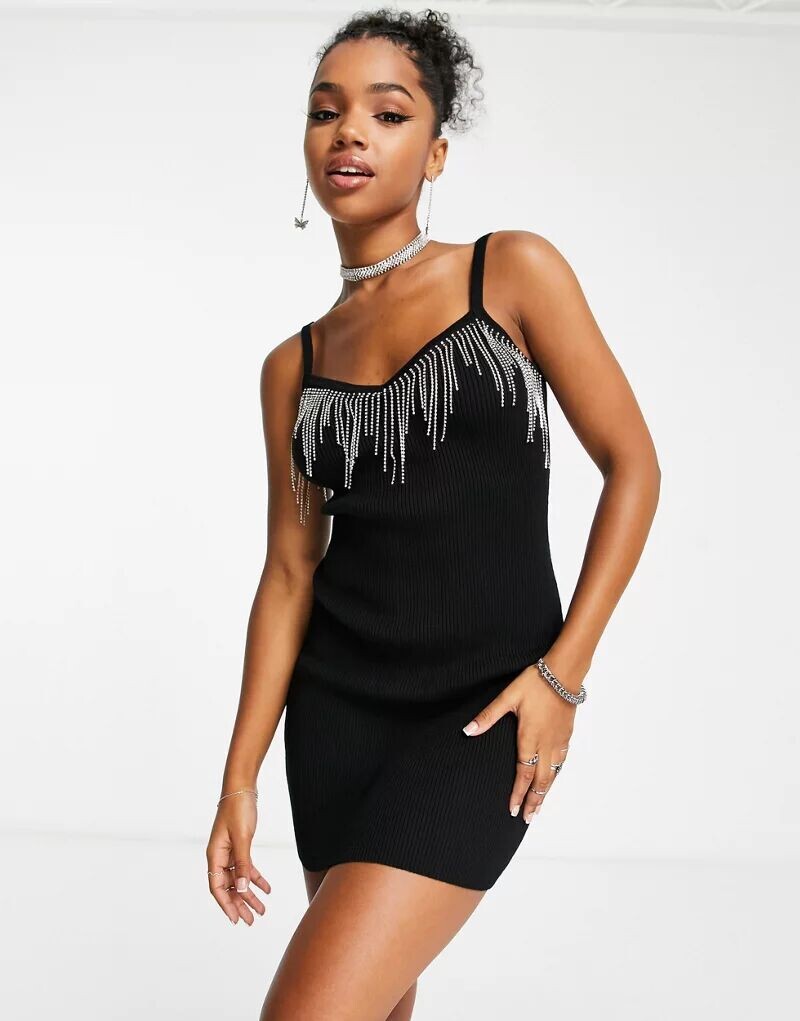 

Черное трикотажное платье мини Miss Selfridge с бахромой из стразов