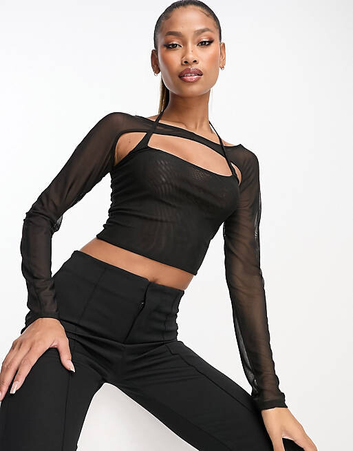 

Черный укороченный топ из двухслойной сетки ASOS DESIGN