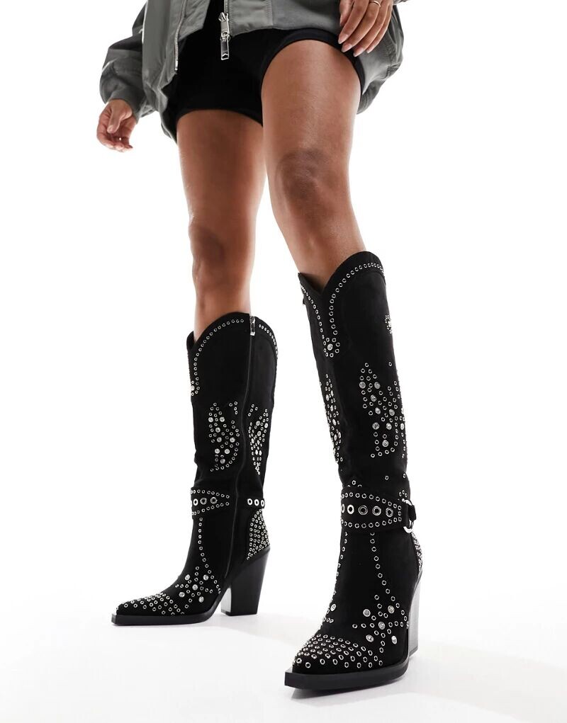 

SIMMI London Широкие ботинки Delano Western в цвете Micro Black с украшением в виде бабочки, широкая посадка Simmi Wide Fit
