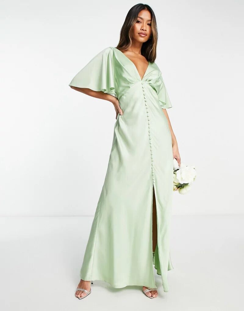 

Сатиновое платье макси с рукавами-накидкой и пуговицами ASOS Bridesmaid