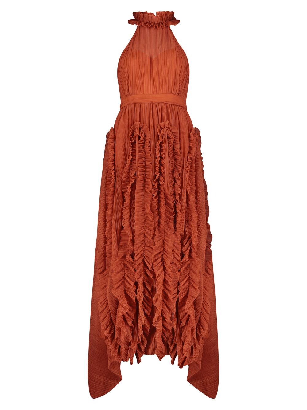 

Длинное вечернее платье с оборками и лямкой на шее BCBGMAXAZRIA