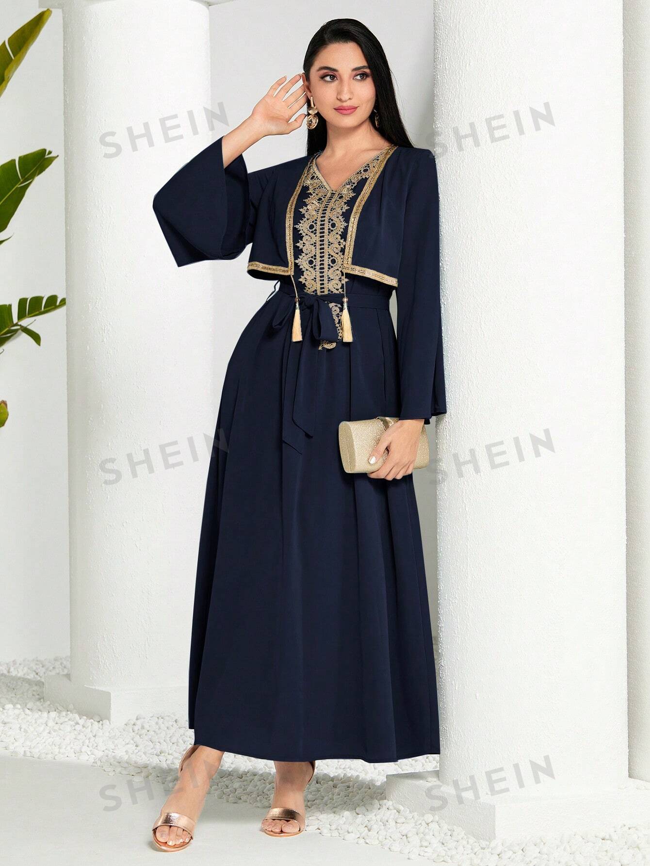 SHEIN Modely женское арабское платье в стиле пэчворк из тканой ленты с бахромой и длинными рукавами, темно-синий
