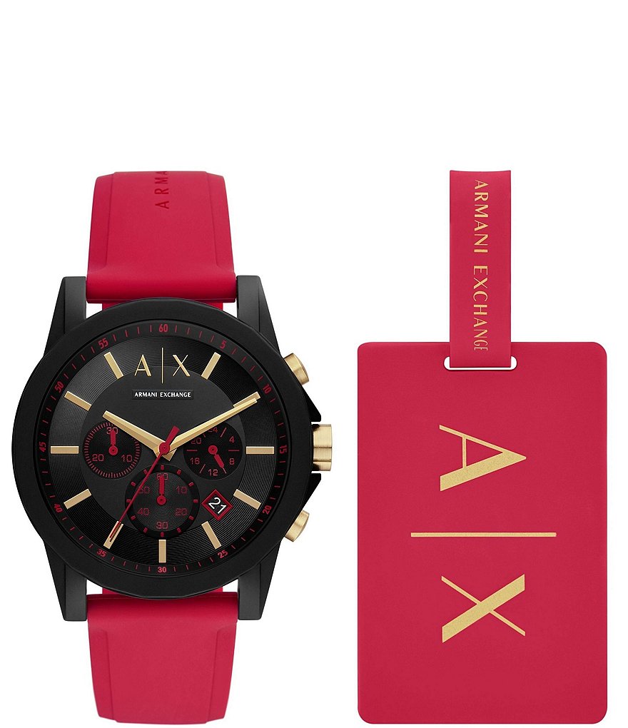 Armani Exchange Мужские часы-хронограф с красным силиконовым ремешком и багажной биркой, красный