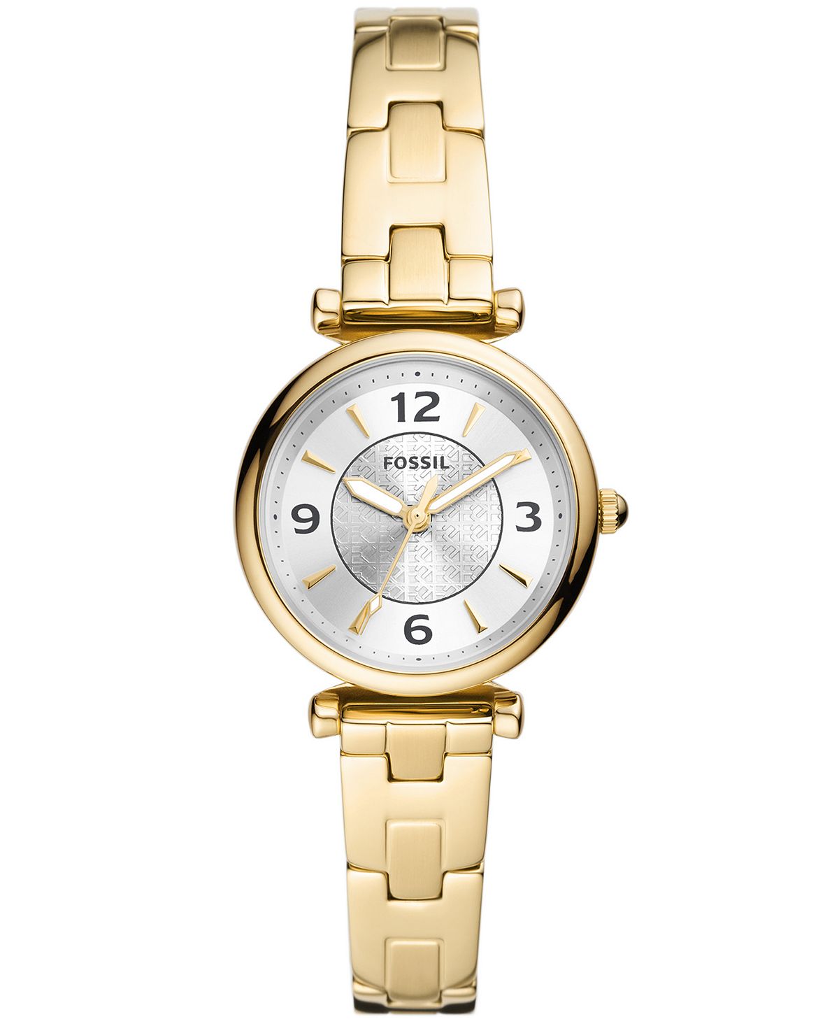 Женские мини-часы Carlie Sport с тремя стрелками, золотистый браслет из нержавеющей стали, 28 мм Fossil, золотой цена и фото