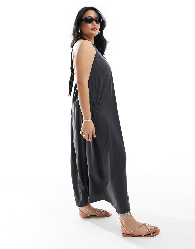 

ASOS DESIGN Curve – летнее платье макси графитового цвета с вырезом бретелькой из ткани купро
