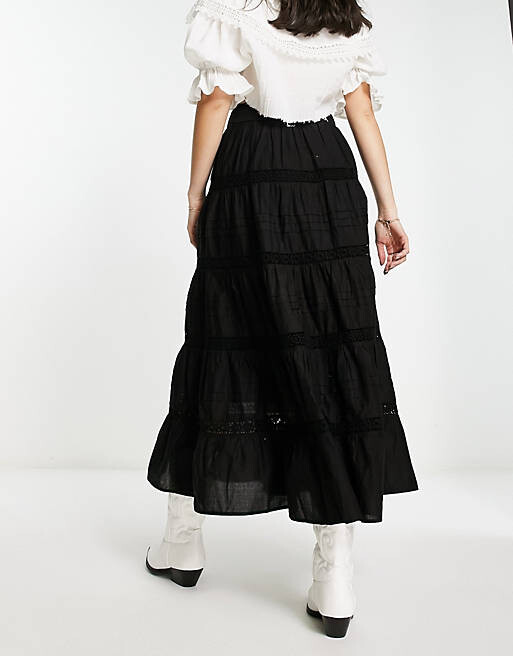 

Черная ярусная юбка макси в стиле бохо из хлопка и кружева Miss Selfridge