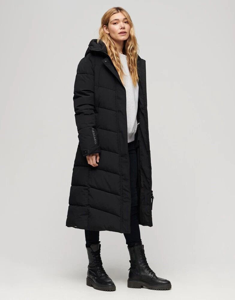 

Черное длинное стеганое пальто с шевроном и шевроном Superdry City