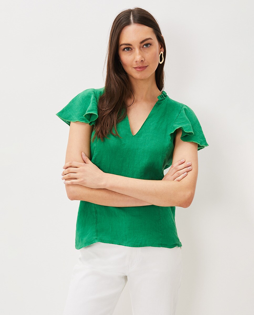 Зеленая льняная блуза с коротким рукавом Phase Eight, зеленый блузка с рисунком v образным вырезом и короткими рукавами xs бежевый
