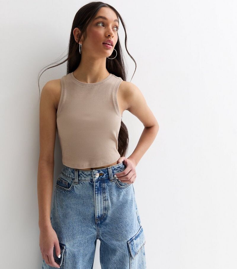 

Укороченная майка в рубчик для девочек с камнями New Look, песочный