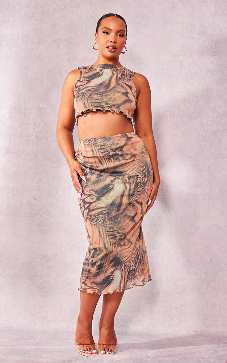 PrettyLittleThing Коричневая сетчатая юбка-миди с леопардовым принтом и подолом салата сарафан с леопардовым принтом 44 размер