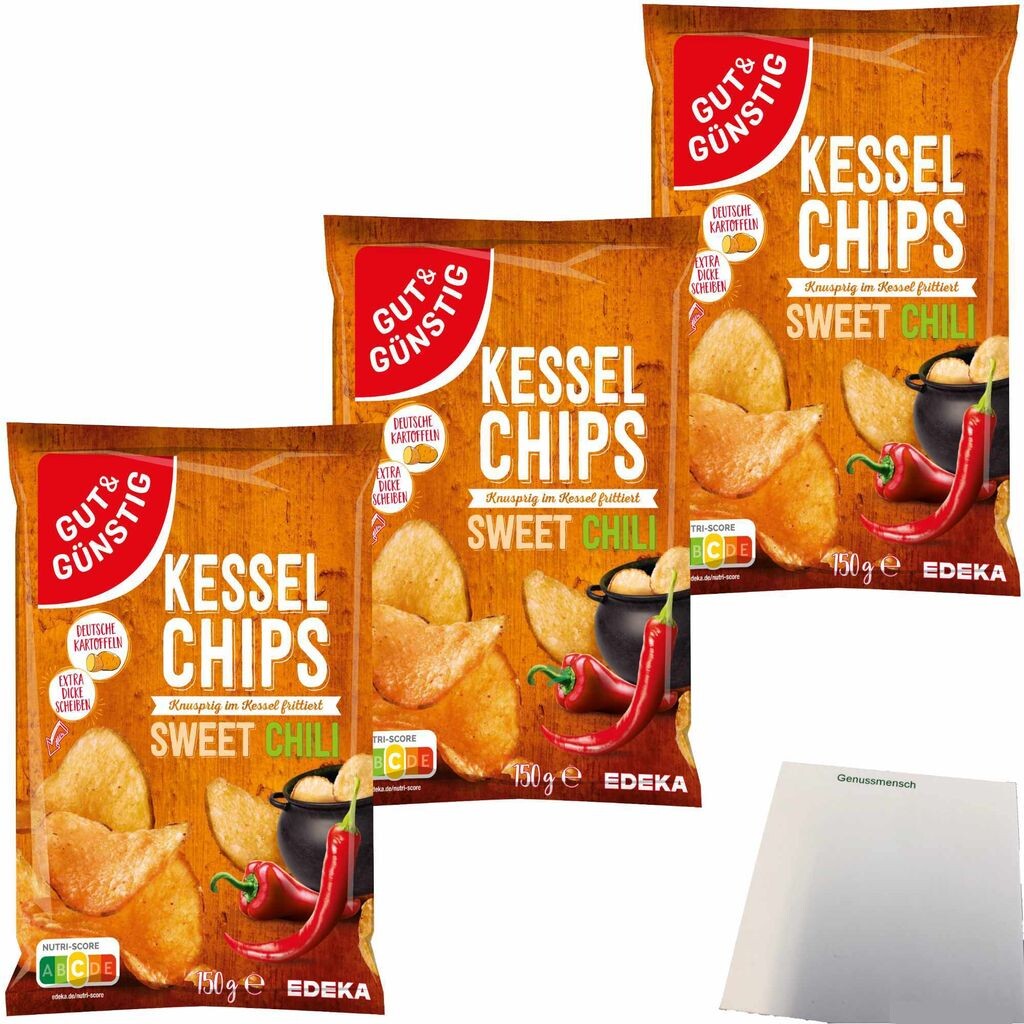 

Чипсы Gut& Kettle Chips Sweet Chili хрустящие в котле, обжаренные в упаковке 3 штуки (3 упаковки по 150 г) + полезный блок USY