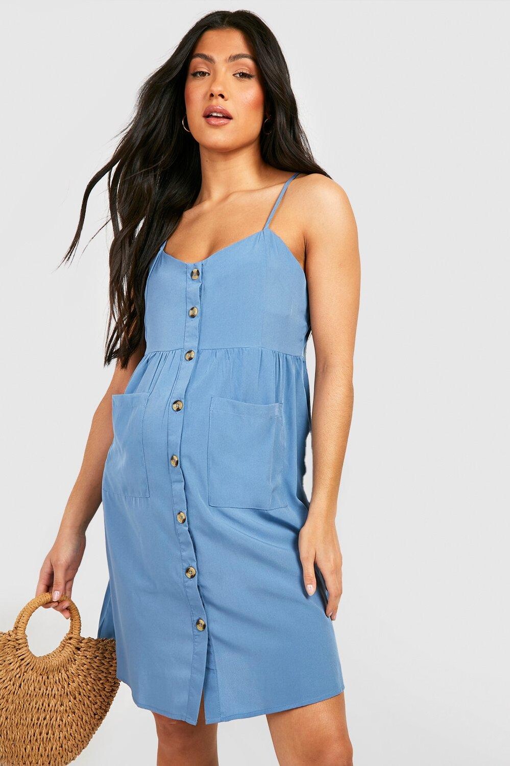 

Свободное платье на пуговицах для беременных с передним карманом boohoo, синий