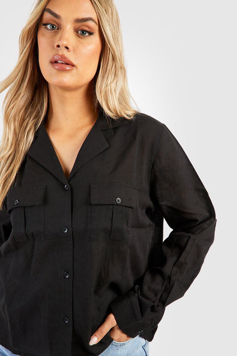 

Льняная рубашка оверсайз с карманами plus Boohoo, черный