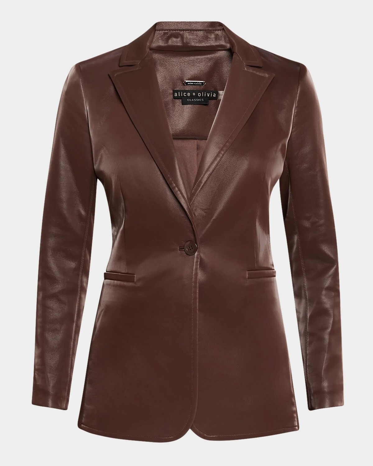 

Длинный приталенный пиджак из блестящей веганской кожи Breann Alice + Olivia, цвет Espresso