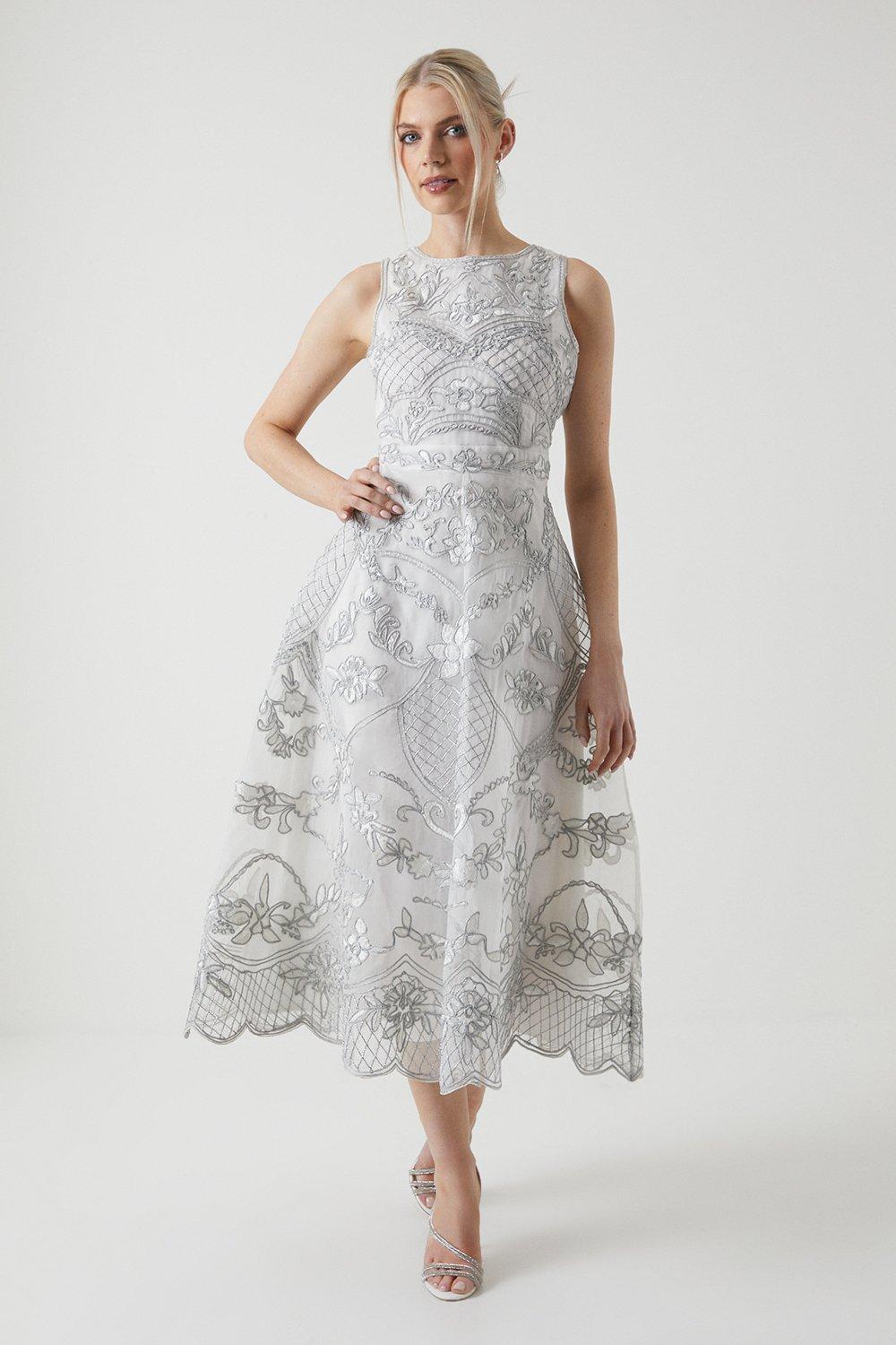 Свадебное платье миди из органзы премиум-класса с металлической вышивкой Coast, белый