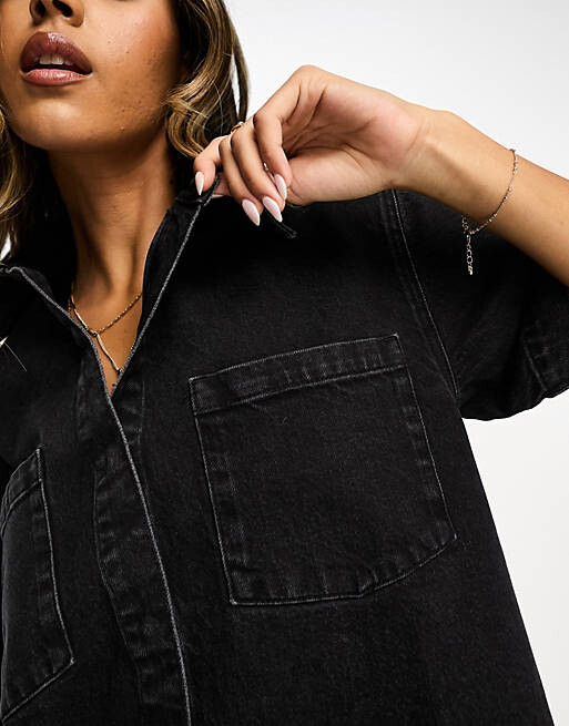 

Черное джинсовое платье-рубашка с короткими рукавами ASOS DESIGN