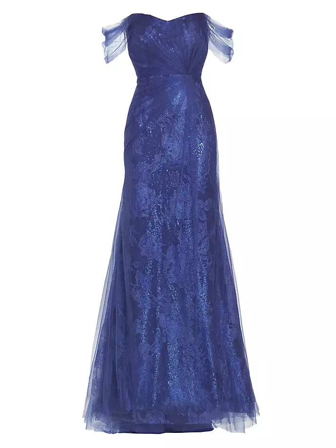 Жаккардовое платье с цветочным принтом и открытыми плечами Rene Ruiz Collection, цвет periwinkle