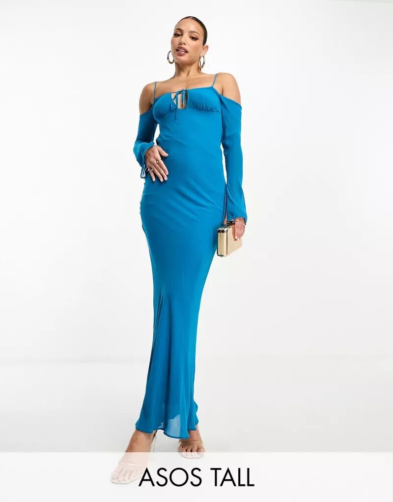 

ASOS DESIGN Tall – бирюзовое платье макси с длинными рукавами и открытыми плечами, шнуровкой спереди и асимметричным кроем