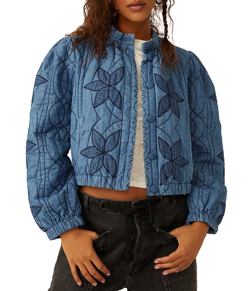 Стеганая куртка на пуговицах с длинными рукавами и пуговицами Free People Quinn, синий