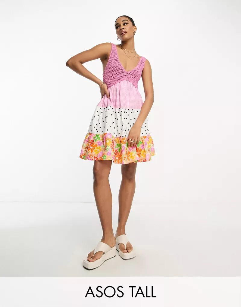 Короткое розовое платье в стиле бэби-долл с вязанной крючком деталью ASOS DESIGN Tall