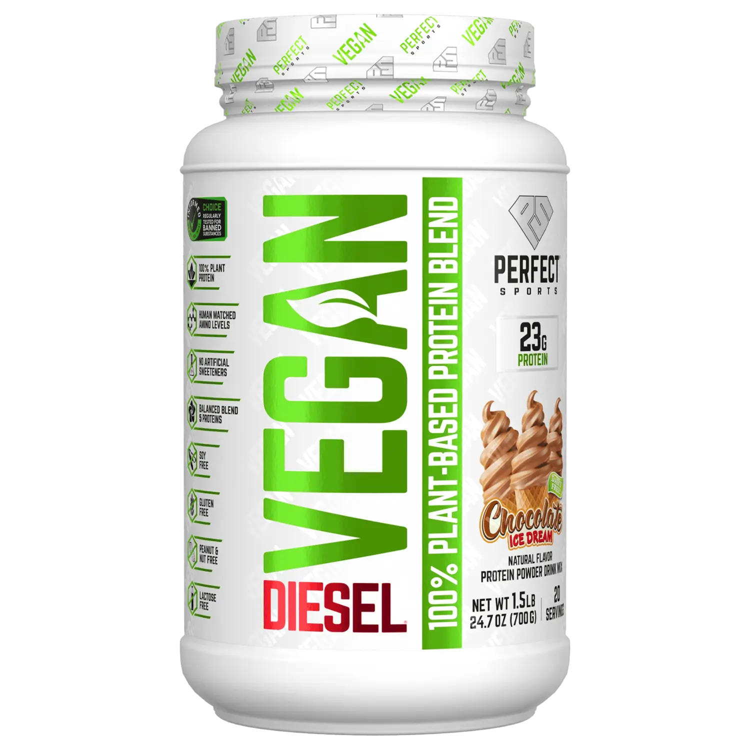 

Vegan Diesel, смесь 100% растительных белков, шоколадное мороженое, 700 г (1,5 фунта), Perfect Sports