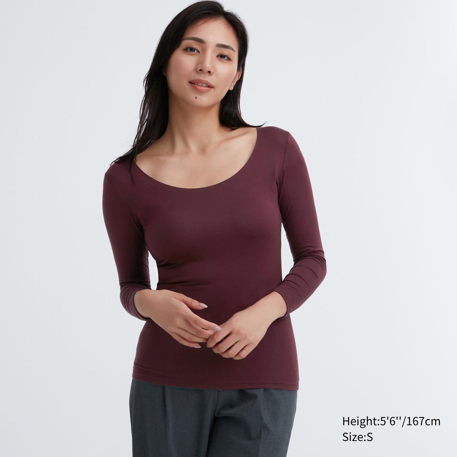 

HEATTECH Утепленный топ с овальным вырезом и длинными рукавами Uniqlo, бордовый