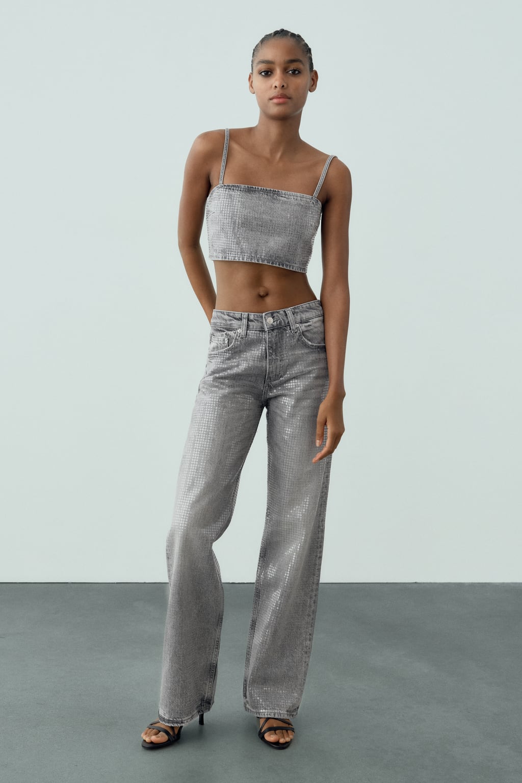 

Джинсовый укороченный топ из фольги с пайетками Trf ZARA, серый