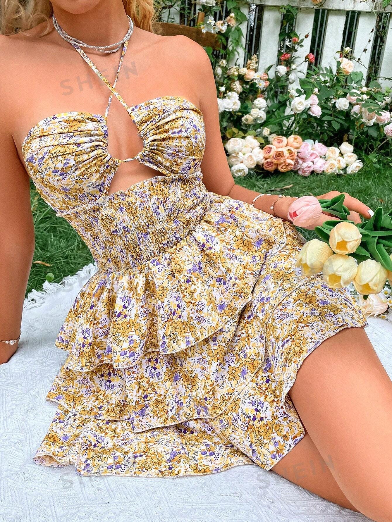SHEIN WYWH Платье с воротником-халтер и завязкой на талии с цветочным принтом, желтый фото