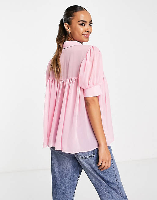 

Розовая прозрачная свободная рубашка с рюшами и пышными рукавами ASOS DESIGN