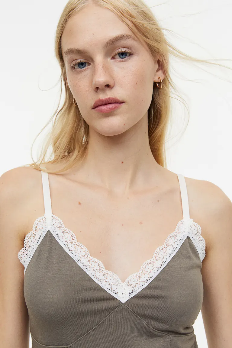 

Топ с бретелями и кружевной окантовкой H&M, бежевый
