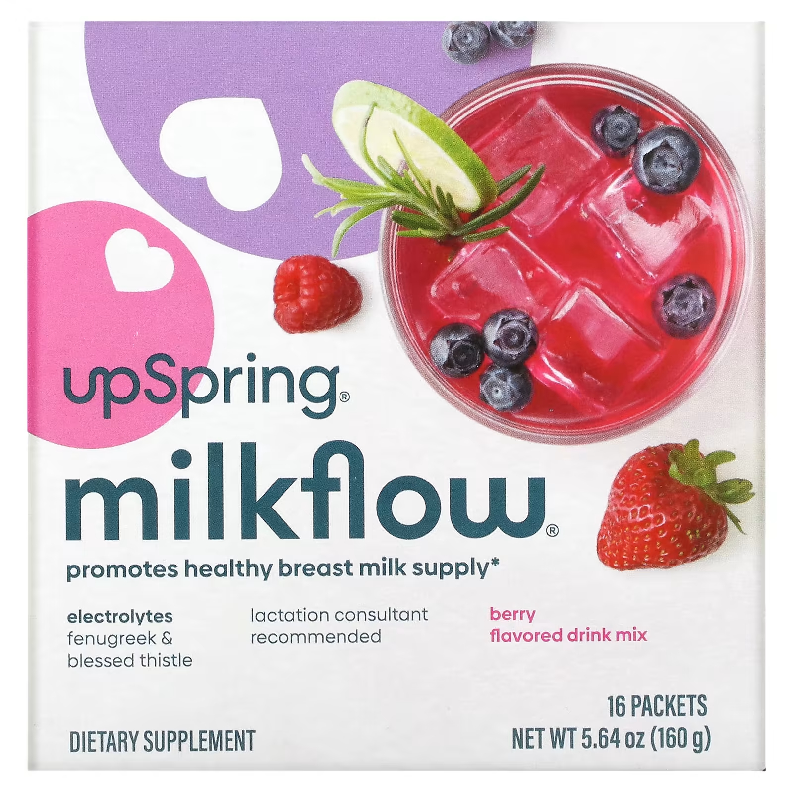 Электролиты UpSpring MilkFlow добавка к пажитнику и чертополоху, ягодный напиток, 16 пакетов по 10 г