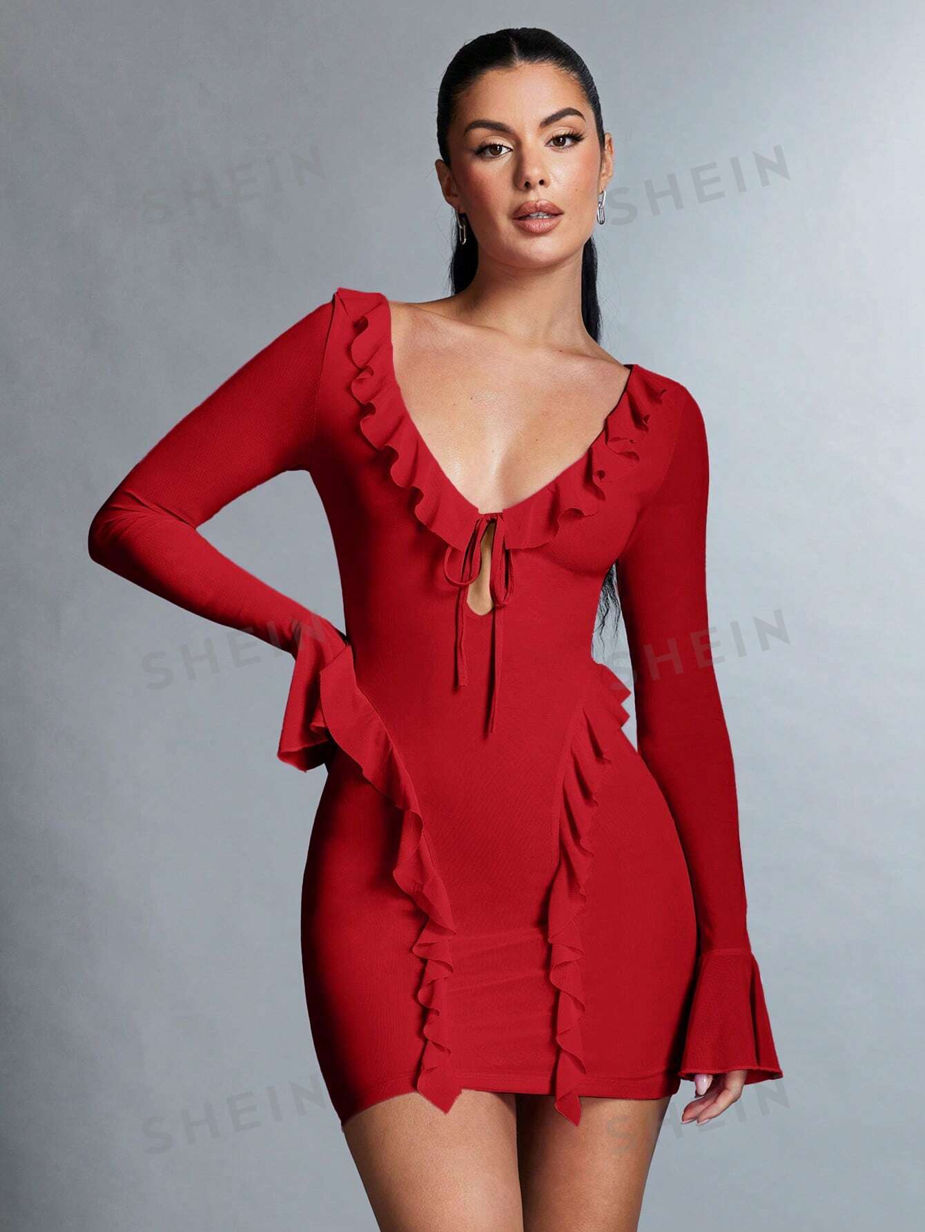 SHEIN BAE Женское платье с завязками спереди и длинными рукавами с оборками по подолу, красный