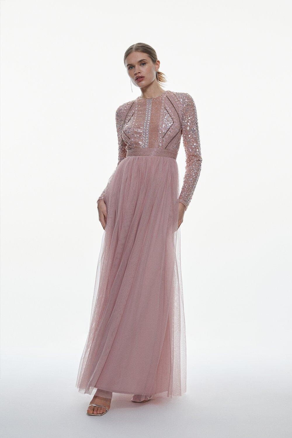 

Тканое платье макси с украшенным лифом и тюлевой юбкой Karen Millen, бежевый