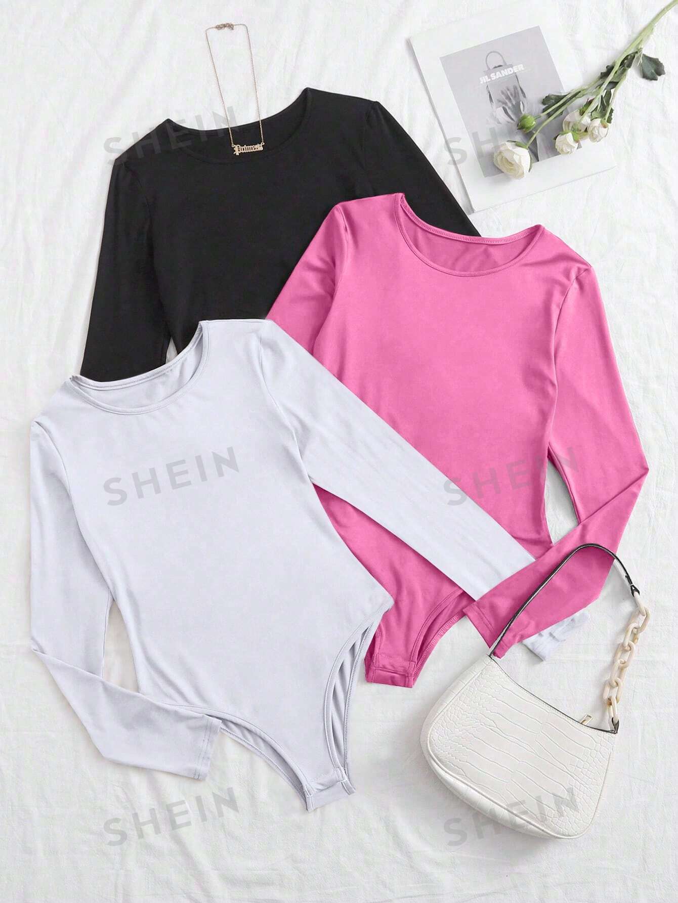 цена SHEIN Essnce Трехцветное облегающее боди-футболка с длинными рукавами, многоцветный