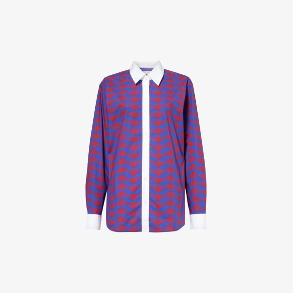 Рубашка из хлопкового поплина с абстрактным узором и контрастной отделкой Dries Van Noten, синий