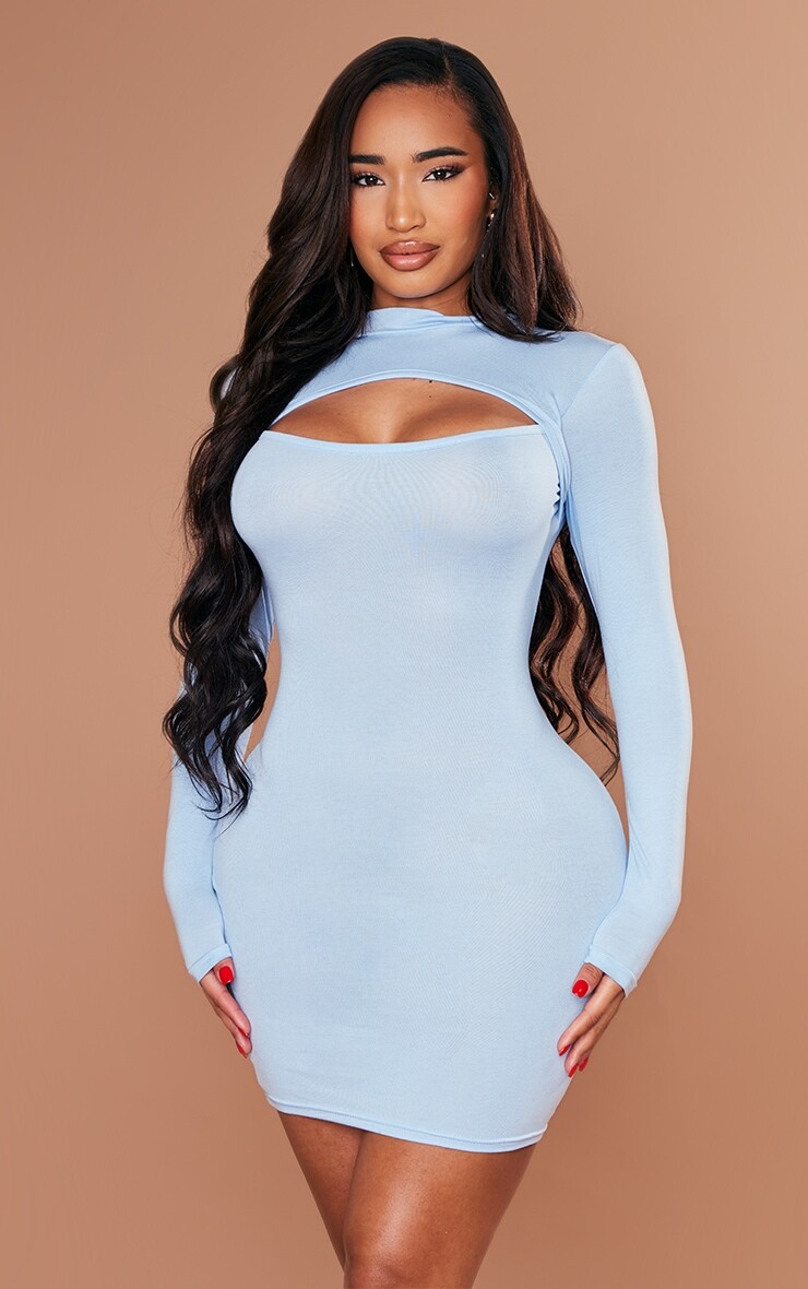 

PrettyLittleThing Облегающее платье из джерси нежно-голубого цвета с вырезами и длинными рукавами