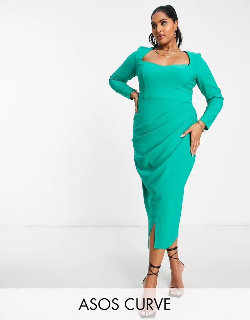 Изумрудно-зеленое платье миди с рюшами и запахом ASOS DESIGN Curve телефон bq 5060l basic emerald green