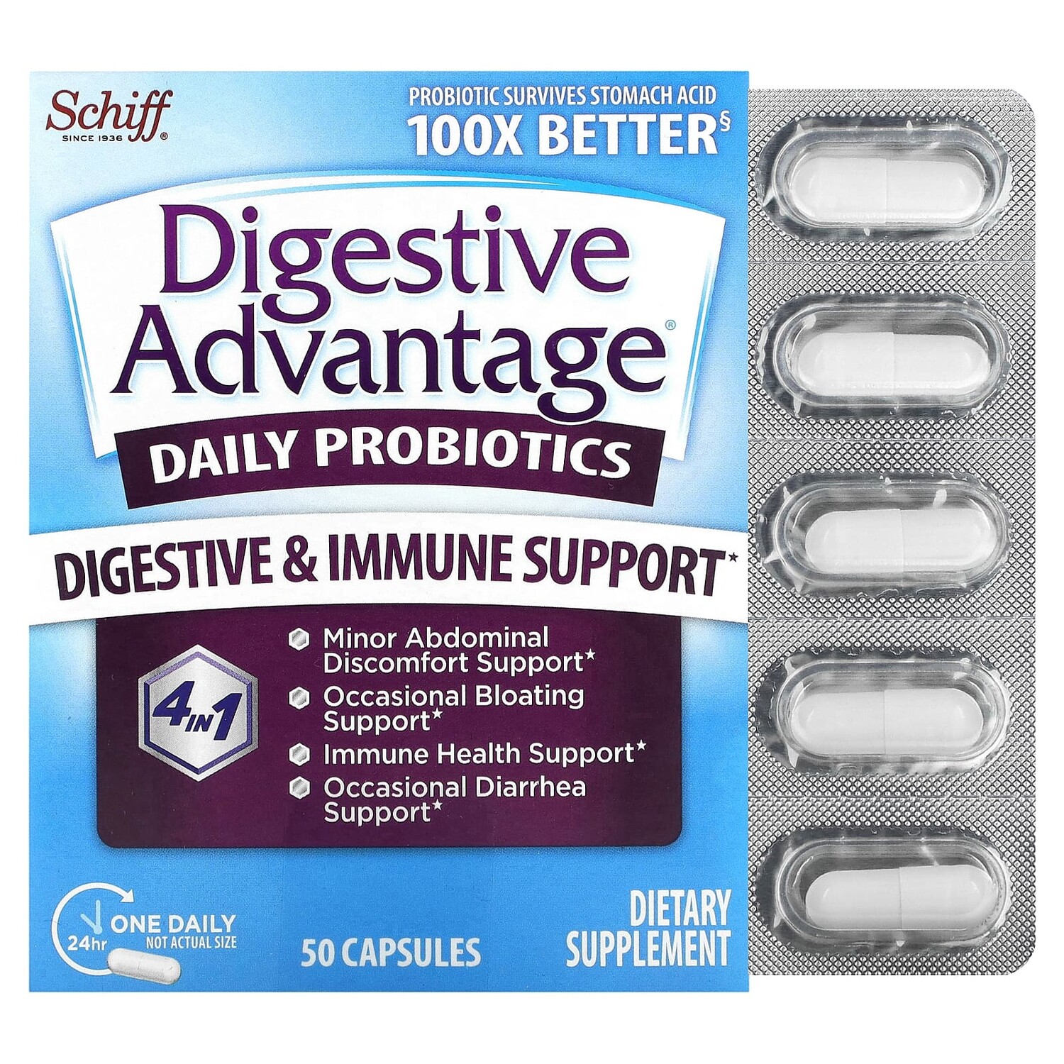 

Digestive Advantage, пробиотик для ежедневного применения, 50 капсул, Schiff