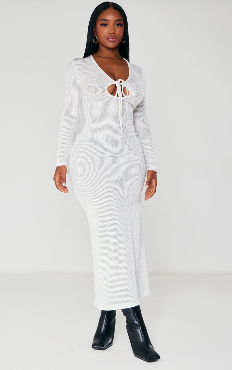 

PrettyLittleThing Белое прозрачное платье мидакси в рубчик с завязкой спереди